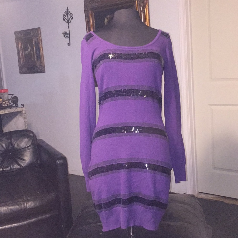 Arden B Purple Sweater Dress with Black Sequin Stripes